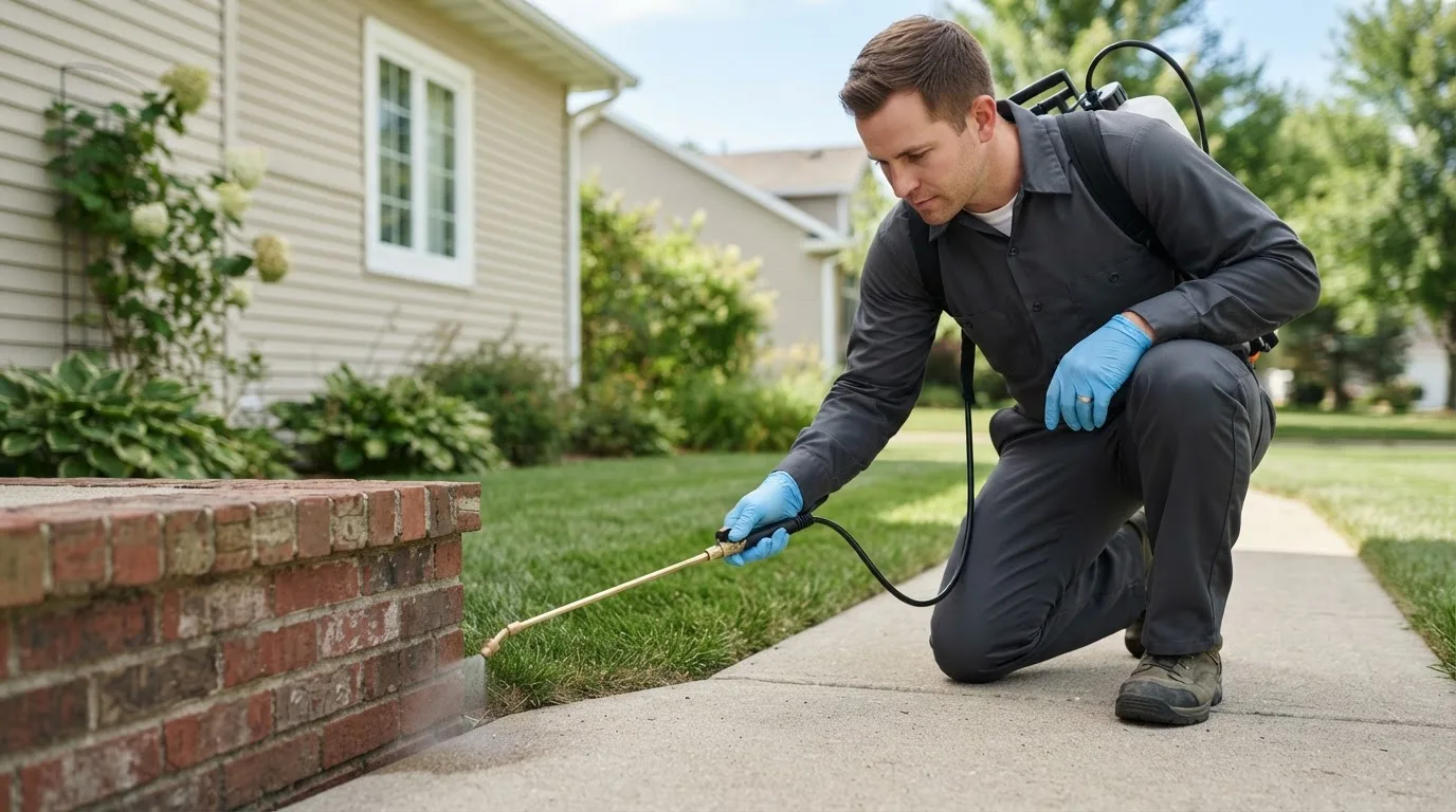 Pest control technician treating a home near Sibley, MO